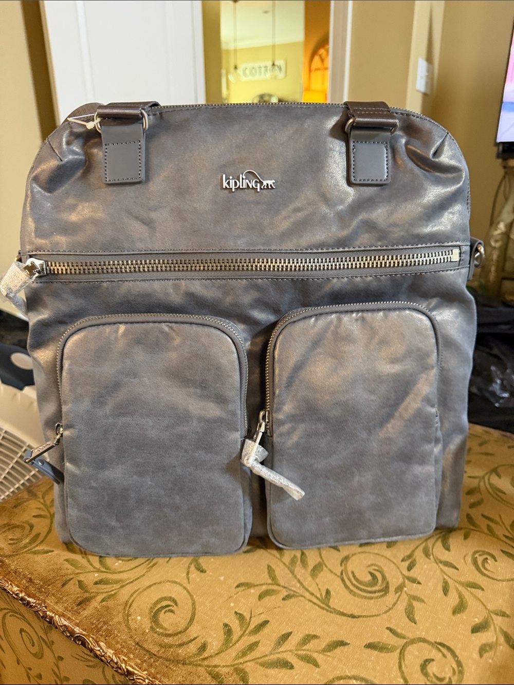 Kipling  Gilded Gray Tote with Dual Front Pockets. NWT